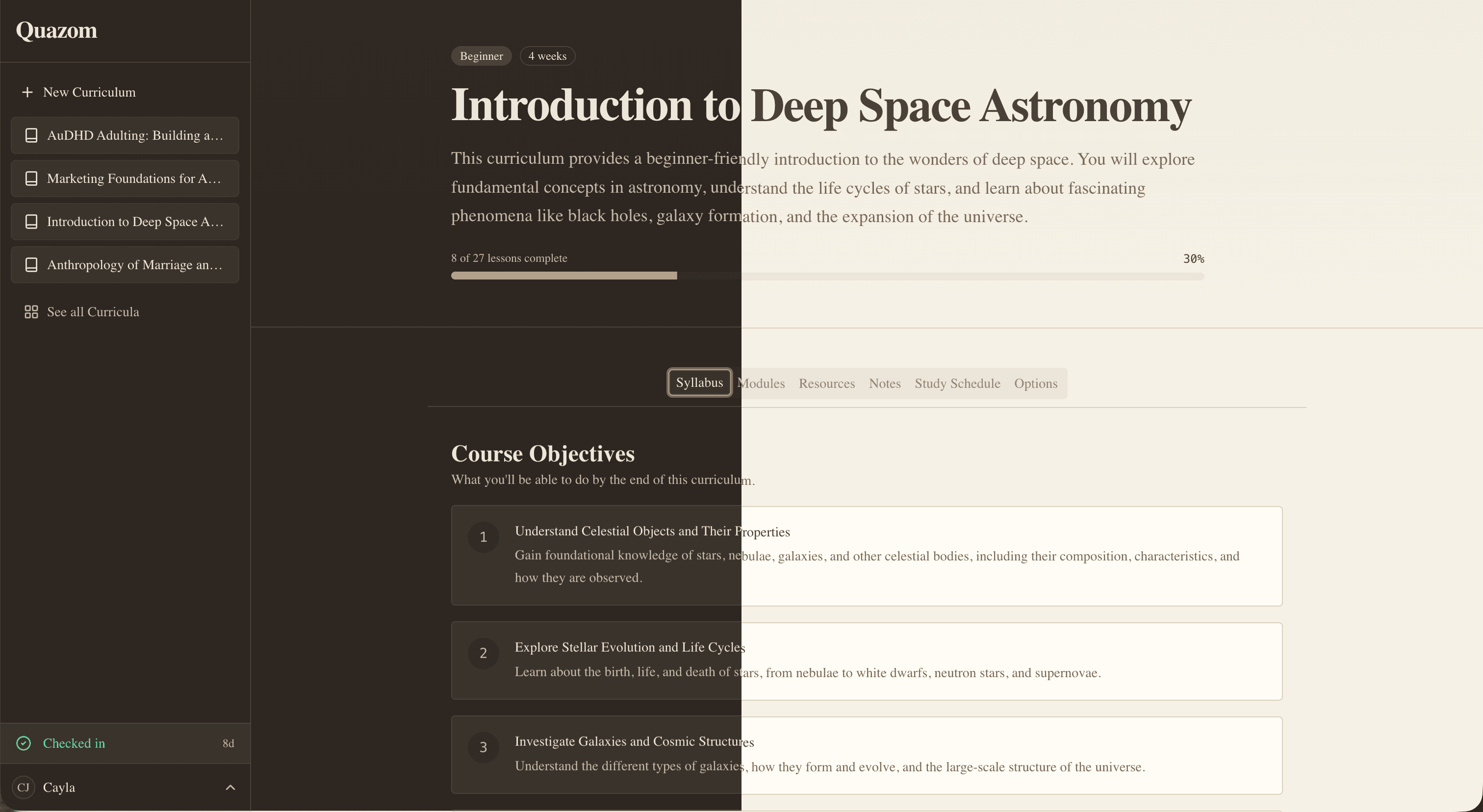 A screenshot of a Quazom curricumum, showing a lesson on 'Introduction to Deep Space Astronomy' with overview and main content. The light and dark mode versions are shown side by side.